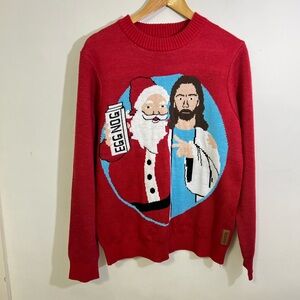 Tipsy Elves Red Crewneck Sweater with Santa and Jesus Design